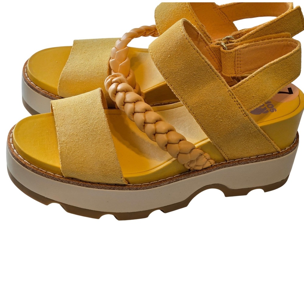 Sorel Yellow Platform Sandals Size 7 Braided Strap Suede Sporty Chic - Picture 3 of 6